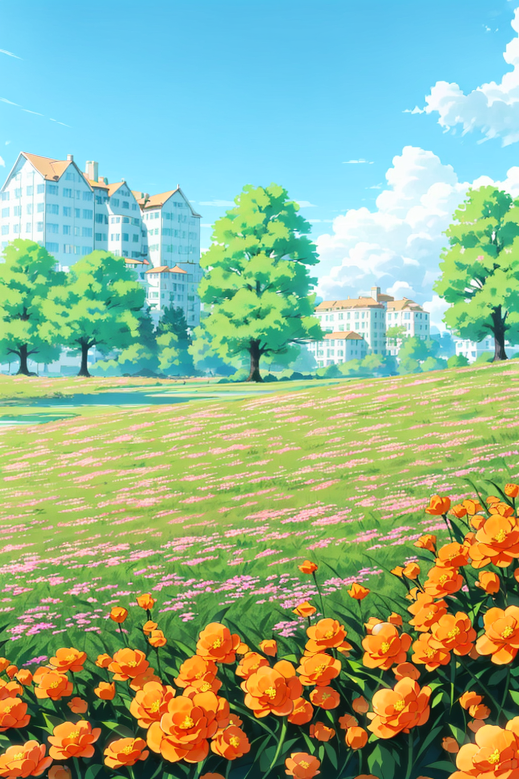01223-2475320122-flower, outdoors, field, scenery, orange flower, tree, grass, building, flower field, sky, no humans.png
